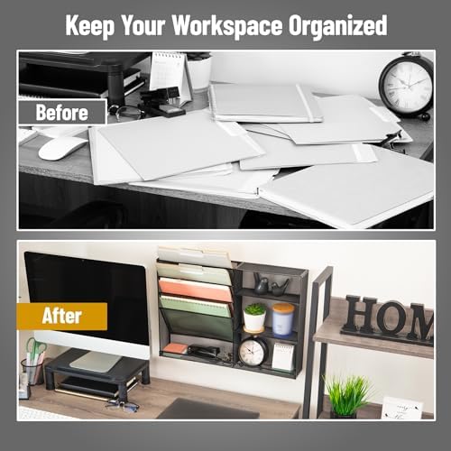 Mind Reader 4-Tier Vertical File Storage and Shelves, Desktop Organizer, Wall Mount, Office, Metal Mesh, 22.5"L x 4"W x 16"H, Black