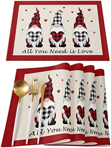 Vandarllin Valentines Day Gnomes Placemats Set of 4,Buffalo Check Plaid Love Hearts Polyester Stain Resistant Table Mats Washable Placemat Decoration for Kitchen Dining Table Rustic Farmhouse