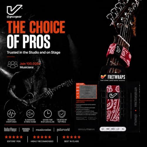 Gruv Gear Fret Wrap & Guitar Mute, Fretwrap for Acoustic, Electric & Bass | String Dampener Recording, Tapping & Practice Accessory (1 Pack, Large Bandana Red, Fits 6 String Bass, 8 String Guitar)