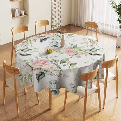 Pink Flowers Tablecloth, Watercolor Sage Green Eucalyptus Leaves Branches Floral Print Table Cloth for Picnic Party Dining Room Home Decor, 50x50in