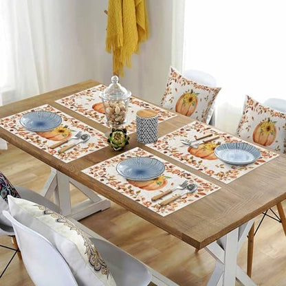 Boho Fall Placemats Set of 6, Thanksgiving Watercolor Pumpkins Heat Resistant Washable Table Place Mats Sunflowers Eucalyptus Table Linens Party Holiday Decor for Home Kitchen Dining Outdoor Indoor,