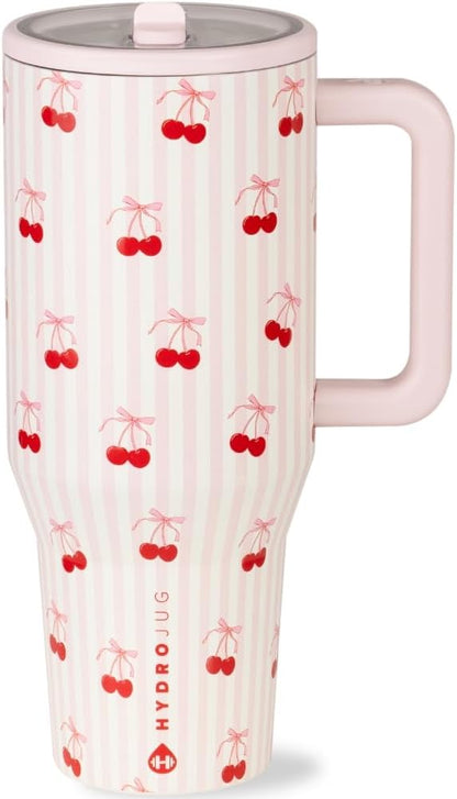 HydroJug Traveler - 40 oz Water Bottle with Handle & Flip Straw - Fits in Cup Holder, Leak Resistant Tumbler-Reusable Insulated Stainless Steel & Rubber Base - Gifts for Women & Men, Sweet Cherry