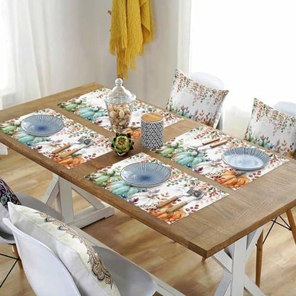 Fall Thanksgiving Placemats Set of 6, Autumn Pumpkins Eucalyptus Leaves Heat Resistant Washable Dining Table Mats Fall Holiday Farmhouse Decor for Kitchen&Linens Outdoor Indoor, Blue Sage Green Orange