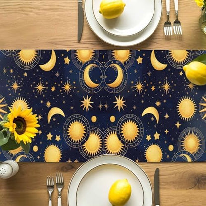 Fantasy Galaxy Table Runner Dresser Scarf 13 x 120 Inch Golden Planet Universe Sun Moon Stars Retro Table Runners Non-Slip Heat Resistant Kitchen Dining Table Decor for Home Holidays Indoor Outdoor