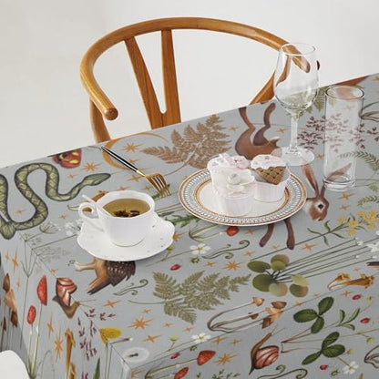 Woodland Animal Tablecloth, Grey Country Forest Hare Squirrel Owl Snake Snail Flowers Mushroom Print Table Cover for Picnic Party Holiday Home Kitchen Dining Table Decor 60x90in
