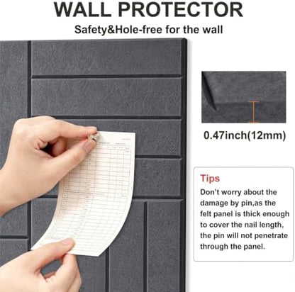 0.47" Thick Felt Wall Tiles 48"x36" Cork Board Alternative 12Pack 11.81"x11.81"Felt Bulletin Board Pin Board with Removable Adhesive tape&60 Pushpins for Home Office School(Bold-Charcoal Grey)