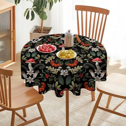 Autumn Mushroom Tablecloth, Rustic Vintage Farmhouse Mushrooms Fern Berries Leaves Botanical Print Table Cover for Outdoor Party Picnic Kitchen Dinning Table Decor, 50x50in