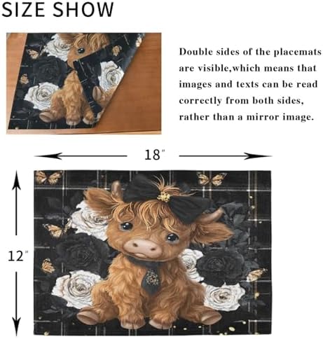 ALAZA Highland Cow Rose Butterfly Set of 6 Placemats Rectangle Table Mat for Dining Table Restaurant Kitchen Home Decor, 12" x 18"