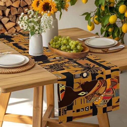 Black African Female Table Runner Dresser Scarf 13 x 72 Inch Elephant Giraffe Ethnic Wind Brown Black Table Runners Non-Slip Heat Resistant Kitchen Dining Table Decor for Home Holidays Indoor Outdoor