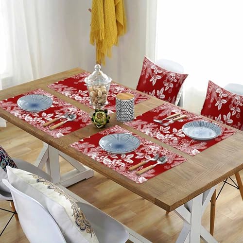 Red Christmas Placemats Set of 6, Floral Pine Leaf Xmas Balls Heat Resistant Washable Table Place Mats White Winter Holidays Cotton Table Linens Party Holiday Decor for Kitchen Dining Outdoor Indoor