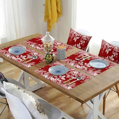 Red Christmas Placemats Set of 6, Floral Pine Leaf Xmas Balls Heat Resistant Washable Table Place Mats White Winter Holidays Cotton Table Linens Party Holiday Decor for Kitchen Dining Outdoor Indoor