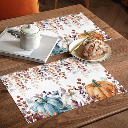 Fall Thanksgiving Placemats Set of 6, Watercolor Pumpkins Eucalyptus Leaves Heat Resistant Washable Linen Table Place Mats Party Holiday Decor for Home Kitchen Dining Outdoor Indoor, Blue Orange