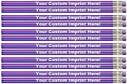 Personalized Custom Pencils - Round - Glitz & Glitter Full Color Print w/your name, message, text or logo - Made in USA - Great gift ideas - 12/Set (PURPLE WITH A PUNCH METALLIC FOIL)