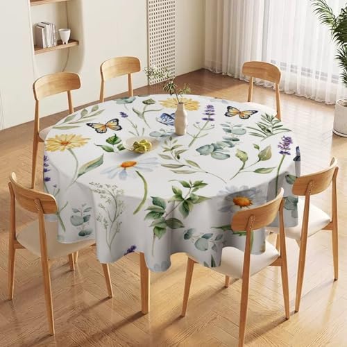 Watercolor Wildflowers Tablecloth, Summer Daisy Lavender Eucalyptus Branches Leaves Print Table Cover for Tea Party Weddings Indoor Outdoor Dining, 36x36in