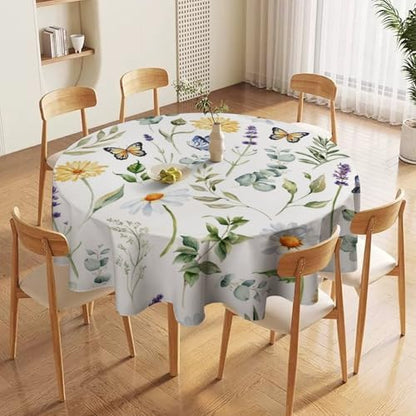 Watercolor Wildflowers Tablecloth, Summer Daisy Lavender Eucalyptus Branches Leaves Print Table Cover for Tea Party Weddings Indoor Outdoor Dining, 36x36in