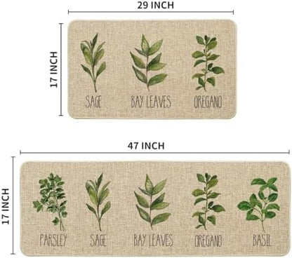 Artoid Mode Parsley Sage Oregano Basil Bay Leaves Decorative Kitchen Mats Set of 2, Seasonal Holiday Party Low-Profile Floor Mat for Home Kitchen - 17x29 and 17x47 Inch