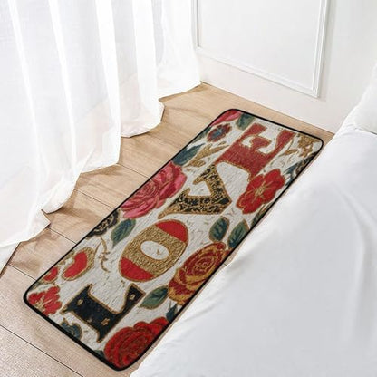 Aslsiy Plaid Hearts Golden Glitter Rose (1) Kitchen Rug Kitchen Mats Valentines Floor Comfort Welcome Washable Non Slip Area Rug for Home Decor 39" X 20"