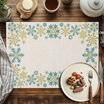 Gold Blue Snowflakes Christmas Placemats Set of 4, Winter Xmas Holiday Heat Resistant Washable Table Place Mats Beige Cotton Table Linens Party Holiday Decor for Kitchen Dining Outdoor Indoor