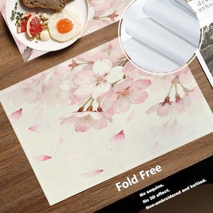 Batmerry Vintage Cherry Blossom Linen Placemats Set of 4, Delicate Watercolor Pink Flowers Washable Table Mats for Kitchen Table Thickened Heat Insulation Dining Set Indoor Outdoor 12X18 in