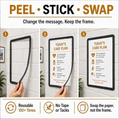 8.5 x 11 Adhesive Wall Frames - Peel & Stick Picture Frames, Wall Sign Holder, Paper & Letter Protector Sheets, Reusable, Dry Erase, Non Magnetic & Non Acrylic - Black, Pack of 5