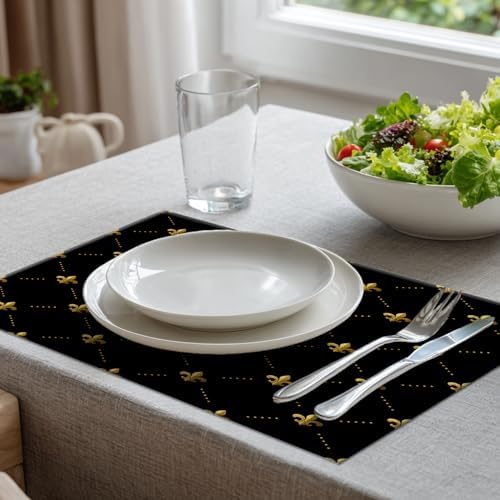 Batmerry Gold Black French Placemats, Flowers Golden Fleur De Lis Black Gold from Art Washable Linen Table Mats for Kitchen Table Double Insulation Decor Dining Set Indoor Outdoor 12X18 in Set of 6