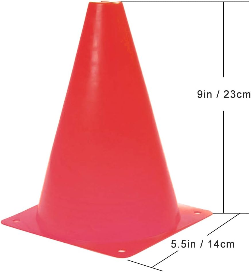 9 Inch Plastic Training Traffic Cones, Sport Cones, Agility Field Marker Cones for Soccer Basketball Football Drills Training, Outdoor Activity or Events - (Set of 10, 12, 15 or 24, 4 Colors)
