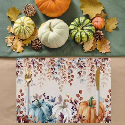 Fall Thanksgiving Placemat, Watercolor Autumn Pumpkins Eucalyptus Leaves Heat Resistant Washable Linen Table Place Mats Party Holiday Decor for Home Kitchen Dining Outdoor Indoor,Blue Orange