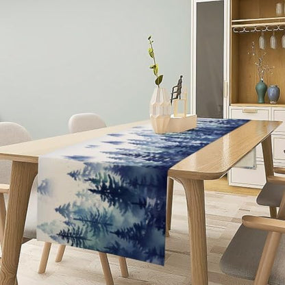 Watercolor Blue Pine Trees Table Runner, Forest Woodland Tabletop Scarf Home Kitchen Holiday Decor, Seasonal Farmhouse Rustic Dining Decorations Party Supply 13 X 36 Inch