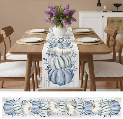 Fall Table Runner Blue Pumpkin Table Runners Harvest Thanksgiving White Blue Pumpkins Wooden Cotton Linen Dresser Scarf Kitchen Dining Table Decor for Autumn Holiday Party Coffee 13x36 Inch