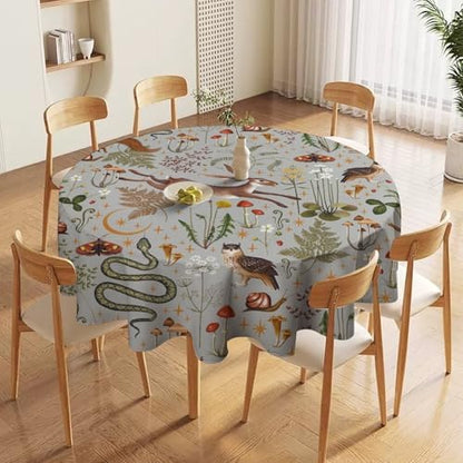 Woodland Animal Tablecloth, Grey Country Forest Hare Squirrel Owl Snake Snail Flowers Mushroom Print Table Cover for Picnic Party Holiday Home Kitchen Dining Table Decor, 70x70in
