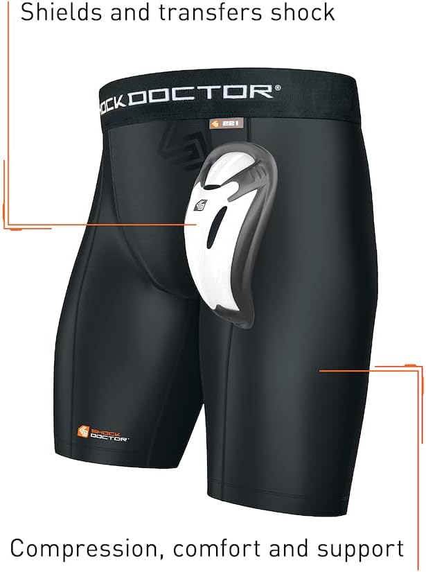 Shock Doctor Compression Shorts with Protective Bio-Flex Cup, Moisture Wicking Vented Protection, Youth Size