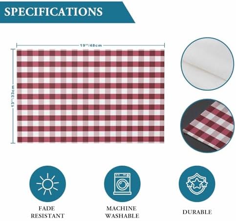 Christmas Placemat 1PC, Rustic Burgundy White Buffalo Check Plaid Pattern Heat Resistant Washable Table Place Mats Farmhouse Cotton Table Linens Party Holiday Decor for Kitchen Dining Outdoor Indoor