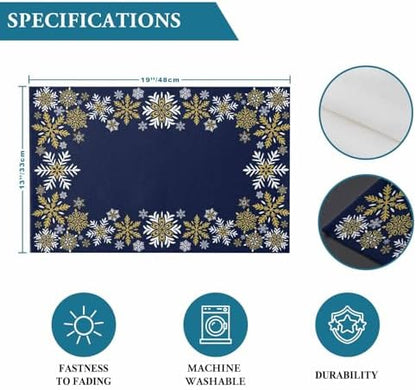 Gold White Snowflakes Christmas Placemats Set of 4, Winter Xmas Holiday Heat Resistant Washable Table Place Mats Navy Blue Cotton Table Linens Party Holiday Decor for Kitchen Dining Outdoor Indoor