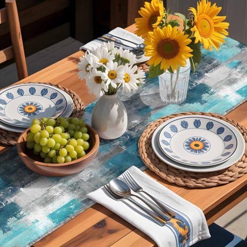 Teal Grey Abstract Art Table Runner Dresser Scarf 13 x 36 Inch Modern Turquoise Color Block Graffiti Table Runners Non-Slip Heat Resistant Kitchen Dining Table Decor for Home Holidays Indoor Outdoor