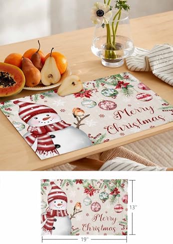 Merry Christmas Placemats Set of 6, Cotton Linen Snowman Table Mats Non-Slip Washable Snowflake Christmas Tree Balls Poinsettia Flower Retro Placemat for Holiday Banquet Dining Kitchen Table Decor