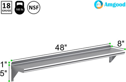 AmGood 48" Long X 8" Deep Stainless Steel Wall Shelf | NSF Certified | Appliance & Equipment Metal Shelving | Kitchen, Restaurant, Garage, Laundry, Utility Room