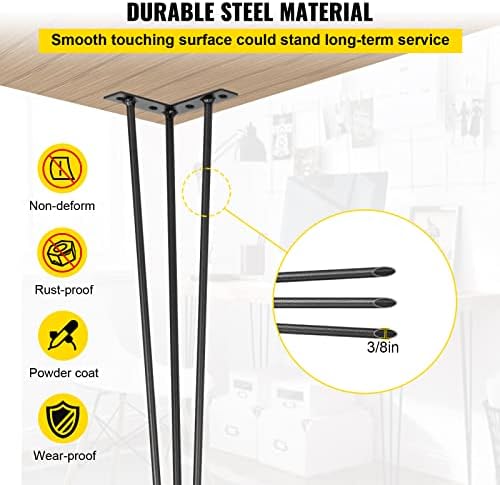 VEVOR Hairpin Table Legs 30" Black Set of 4 Desk Legs 880lbs Total Load Capacity Hairpin Desk Legs 3 Rods for Bench Desk Dining End Table Chairs Carbon Steel DIY Heavy Duty Furniture Legs