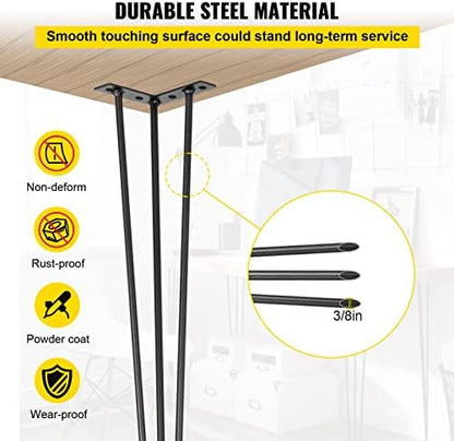 VEVOR Hairpin Table Legs 30" Black Set of 4 Desk Legs 880lbs Total Load Capacity Hairpin Desk Legs 3 Rods for Bench Desk Dining End Table Chairs Carbon Steel DIY Heavy Duty Furniture Legs