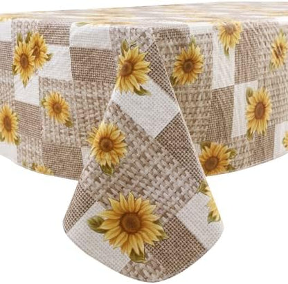 LIBERECOO Vinyl Tablecloth with Flannel Backing, 60 x 102 Inch Sunflower Rectangle Stain-Resistant Table Cloth Waterproof Plastic Table Cover