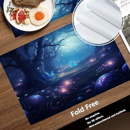 Batmerry Night Forest Glowing Elements Linen Placemats Set of 4, Mysterious Night Forest Scene Washable Table Mats for Kitchen Table Thickened Heat Insulation Dining Set Indoor Outdoor 12X18 in
