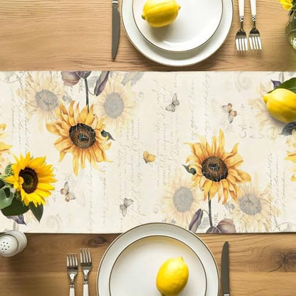 Farmhouse Sunflower Table Runner Dresser Scarf 13 x 120 Inch Vintage Yellow Flower Butterfly Botanical Table Runners Non-Slip Heat Resistant Kitchen Dining Table Decor for Home Holidays Indoor Outdoor
