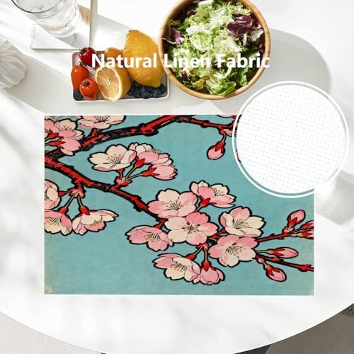 Batmerry Shabby Chic Cherry Blossom Linen Placemats Set of 4, Pink Floral Turquoise Background Washable Table Mats for Kitchen Table Thickened Heat Insulation Dining Set Indoor Outdoor 12X18 in