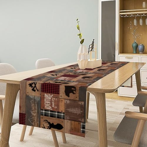 Rustic Cabin Moose Deer Bear Table Runner, Retro Bear Cottage Country Style Cabin Farmhouse Dinner Runner for Home Kitchen Dining Table Decoration 13"x60"