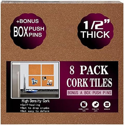 Cork Board Tiles 12"x12" - 1/2" Thick - 8 Pack Cork Tiles - Bulletin Board - Mini Wall (8pack) (8pack 30.5 * 30.5 * 1.2)