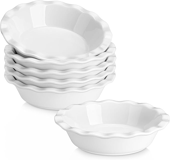 MALACASA Ceramic Mini Pie Pans Set of 6, 6 Inch Pie Plates for Baking with Ruffled Edge, Small Quiche Baking Dish Pans Tart Pans, Individual Pot Pie Plates, Microwave & Oven Safe, White