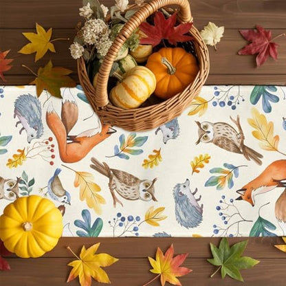 Fall Table Runner Autumn Animal Table Runners Harvest Thanksgiving Owl Bird Fox Leaves Cotton Linen Dresser Scarf Kitchen Dining Table Decor for Autumn Holiday Party Coffee 13x48 Inch