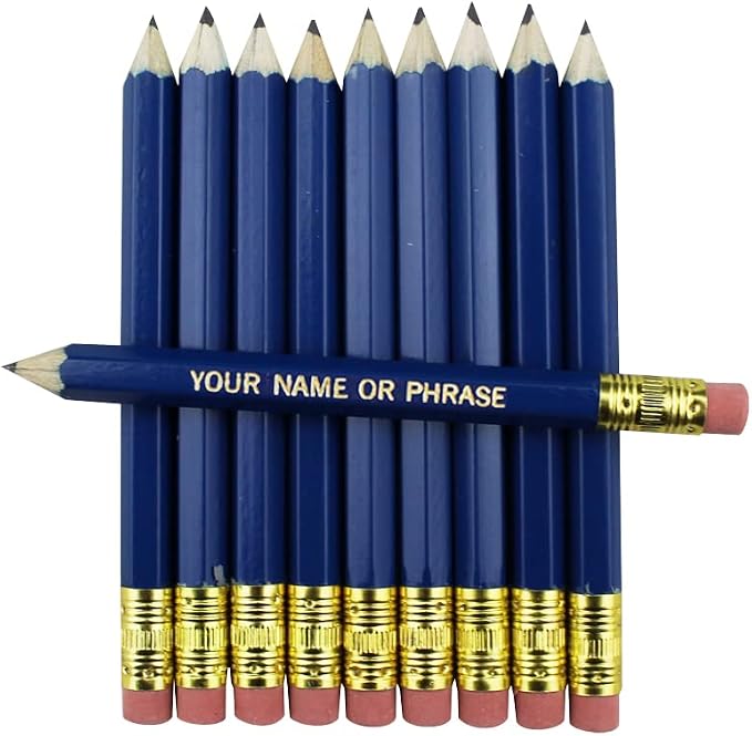 EZPENCILS & GIFTS - Golf Pencils Tipped with Eraser (1/2 a Pencil - Pew Pencils) - Dark Blue Colored Barrel - FREE-PERSONALIZATION - 2HB Black Lead - Custom Text - Non-Smear Eraser – Package of 50
