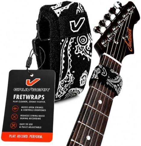 Gruv Gear Fret Wrap & Guitar Mute, Fretwrap for Acoustic, Electric & Bass | String Dampener Recording, Tapping & Practice Accessory (1 Pack, Extra Large Bandana Black, Fits 7-12 String Bass, Extended
