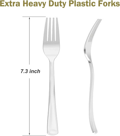 100 Count Heavy Duty Silver Plastic Forks Disposable, BPA-Free, Heat Resistant, Solid and Durable Premium Plastic Disposable Forks for Party Supply