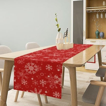 Red Snowflakes Christmas Table Runner, Seasonal Winter Holiday Kitchen Dining Table Decoration for Home Party Decor 13x60 Inch